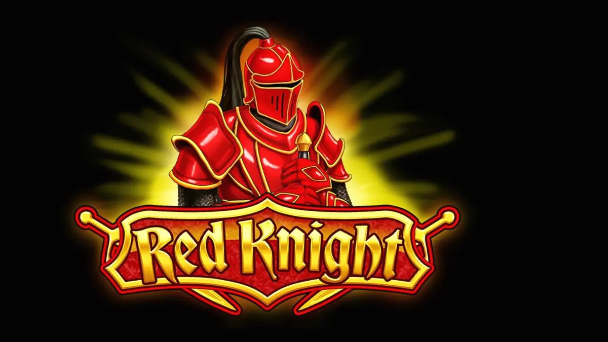 Tampilan visual slot Red Knight dengan latar belakang kastil yang terbakar dan simbol senjata abad pertengahan.